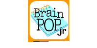 Brain Pop Jr. logo - a blue notepad in the background